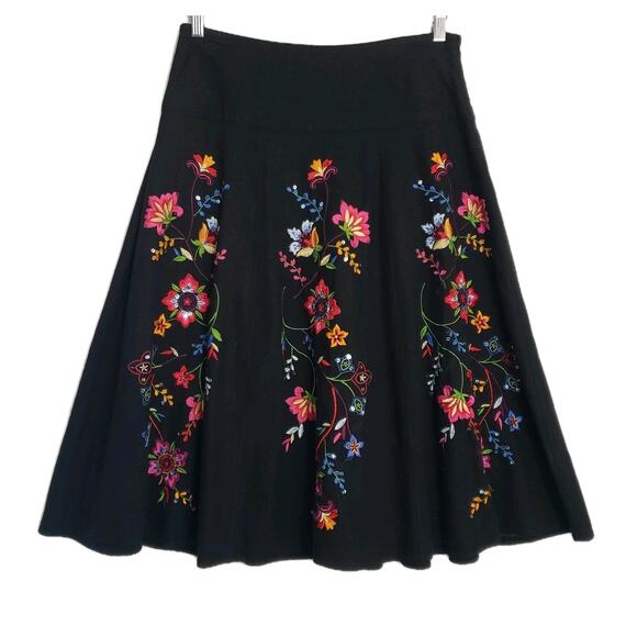VTG Carole Little Sz 8 Black Linen Rayon Peasant Skirt Floral Embroidered Boho